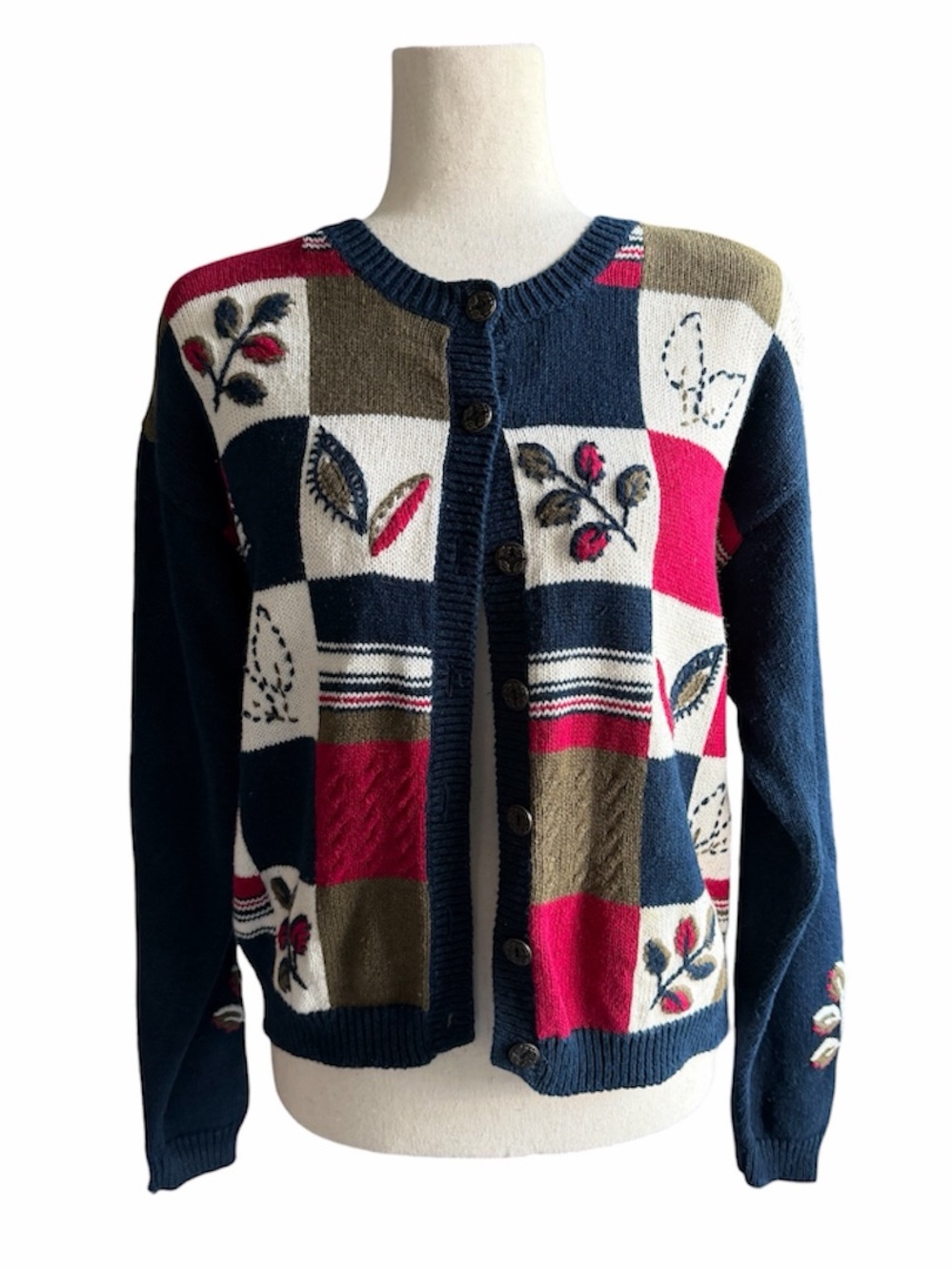 Christopher & Banks 90s Navy Red Olive Hand Embroidered Floral Cardigan